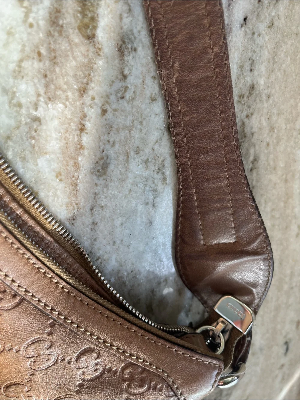 Gucci Guccisima Tan Beige Embossed Leather One Strap Hobo Purse Silver Hardware